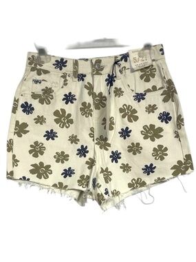 Khaki + Blue Floral Print Denim Shorts 5  Ivory Boho Girlhood Grunge Cottage